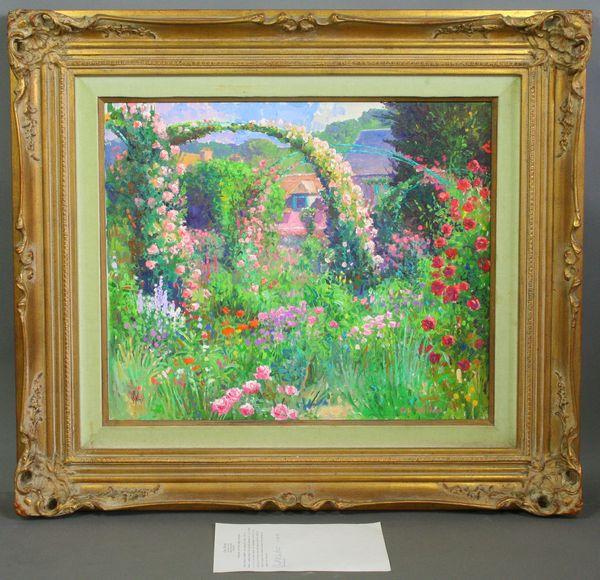 Curt Walters (American, 1950-), "Rose Trellis-Giv: Curt Walters (American, 1950-) "Rose Trellis-Giverny", oil on linen canvas, signed lower right, 20" x 24", 30 3/4" x 34 3/4" frame size. Good condition. Accompanied with a signed letter from artist st
