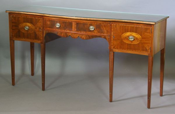 19th C. Hepplewhite Style Mahogany Sideboard: 19th Century Hepplewhite style mahogany banded inlay sideboard having glass top, 37"h. x 72"w. x 22 1/4"d. Good condition.