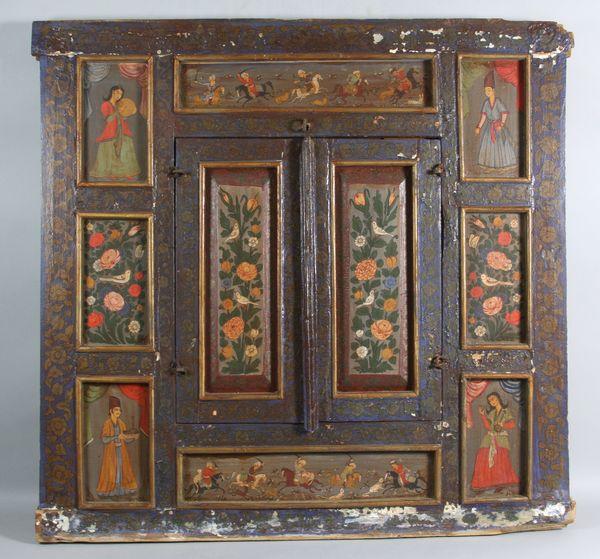 Antique Persian Double Door Mirror: Antique Persian double door mirror having hand painted wood panels depicting birds, floral motif and men on horseback along with women playing music