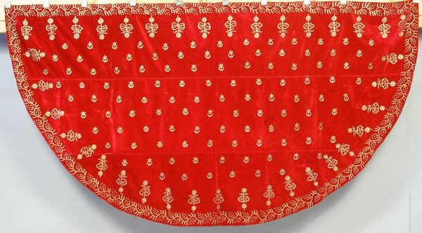 20th C. Tehran, Iran Silver Hand Embroidered Red : 20th Century Tehran, Iran, silver, hand embroidered red velvet entrance drape, 49"h. x 96"w. Some staining throughout, rip upper middle.