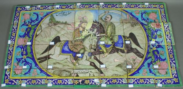 Ancient Persian Glazed Pottery Tiles: Ancient Persian glazed pottery tiles depicting soldiers, Isfahan, Iran, twenty eight (28) tiles total, 7 3/8” x 7 3/8” each. Some age wear.