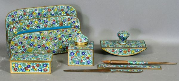 Chinese Republic Period Cloisonne Enameled Sevres: Chinese Republic Period cloisonne enameled Sevres (7) piece desk suite to include an inkwell, letter opener, wax holder, pen, letter stand, ruler, and blotter, 4 3/4"h. x 7 3/4"w. x 1 3/4"d. (letter s