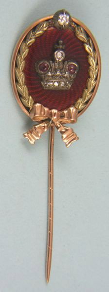 Russian Gold and Enamel Pin: Russian gold and enamel pin with diamonds, stamped and marked "56" and other markings in Cyrillic, 0.3 oz/5 dwt t.w.