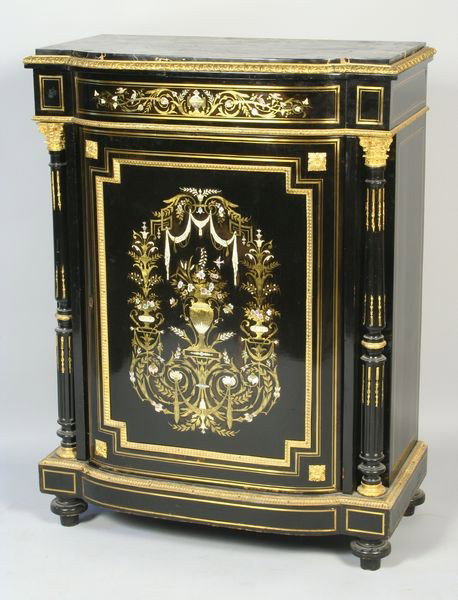 19th C. French Cabinet: 19th Century French cabinet having spectacular inlay consisting of bronze, mother-of-pearl and ivory, with ormolu mounts and marble top, 44 1/2"h x 33"w x 18"d. Provenance: from the collection of a Fr