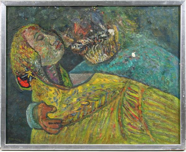 Weber, Portrait of Abraham and Sarah, O/C: Max Weber (Russian-born American, 1881-1961), portrait of Abraham and Sarah, oil on canvas, signed lower left and dated "Max Weber 52", 20" x 25", 21 1/2" x 26 1/2" frame size. Some paint loss. Proven