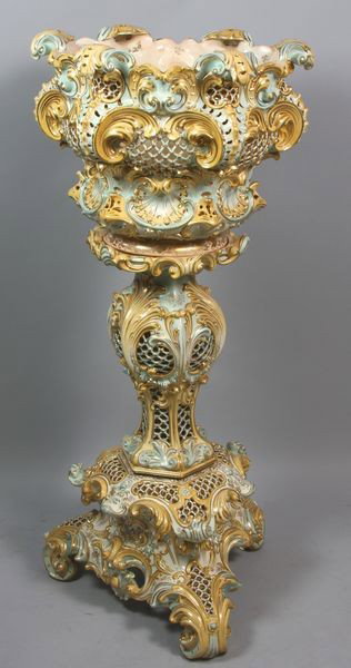 19th C. Hungarian Jardinière and Stand: 19th C. Hungarian jardinière and stand, signed by Fischer, 44"h. x 20"w. Hairline on base of jardinière, as is.