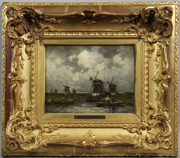 Rip, Fishing Near Windmills, O/C: Willem Cornelis Rip (Dutch, 1856-1922), fishing near windmills, oil on canvas, 6 1/4" x 8 1/2", 14" x 16" frame size. Provenance: purchased at Kunsthandel Roelofs Galleries, Amsterdam, Netherlands.