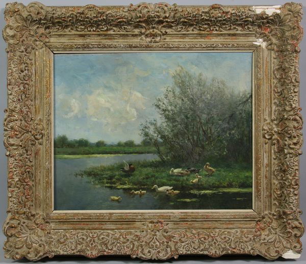 Artz, Ducks by the Pond, O/C: Constant Artz (Dutch 1870-1951), ducks by the pond, oil on canvas, 16" x 20", 23 1/2" x 27 1/2" frame size. Provenance: purchased at Kunsthandel Roelofs Galleries, Amsterdam, Netherlands.