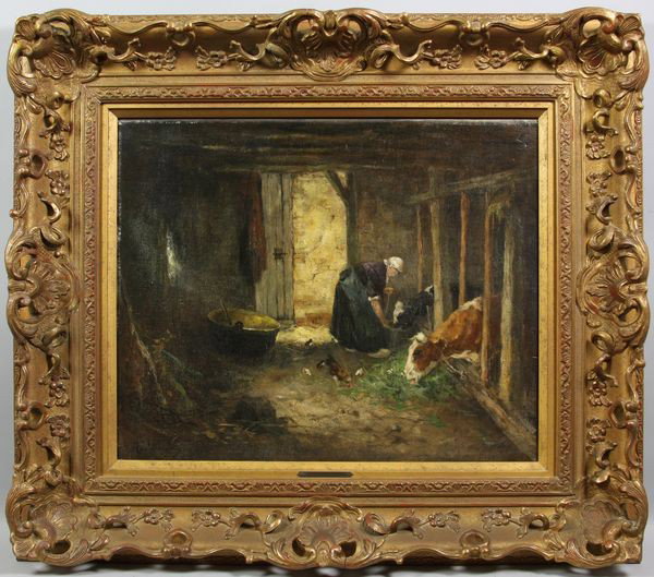 Scherrewitz, Cows in the Barn, O/C: Johan Frederik Cornelis Scherrewitz (Dutch, 1868-1951), a farmer attending cows in the barn, oil on canvas, 17 1/2" x 21 1/2", 27" x 31" frame size. Provenance: purchased at Kunsthandel Roelofs Galler