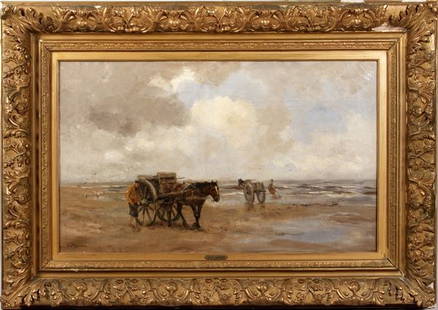 Jansen, Shell Fishers and Horse Wagons on a Beach: Willem George Frederik Jansen (Dutch, 1871-1949), shell fishers and horse wagons on a beach, oil on canvas, 24"x 39 1/2", 37 1/2"x 52 3/4" frame size. Provenance: purchased at Kunsthandel Roelofs Gall