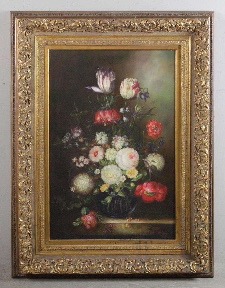 Charles Tucker, Floral Still Life: Charles Tucker, floral still life, oil on canvas, 36" x 24" view 50" x 38" frame. Provenance: a Palm Beach, Florida estate.