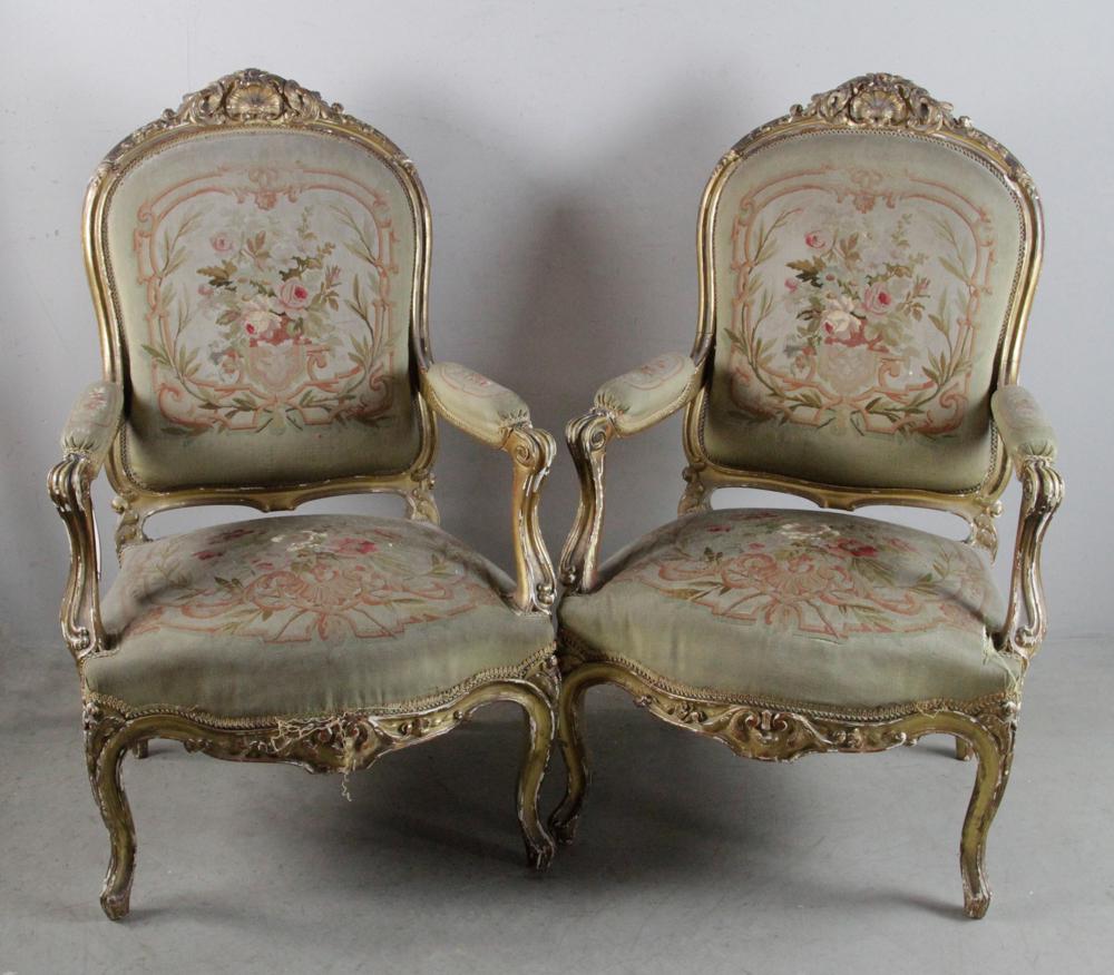 Pair of 19thC French Carved Upholstered Armchairs (1 of 7)