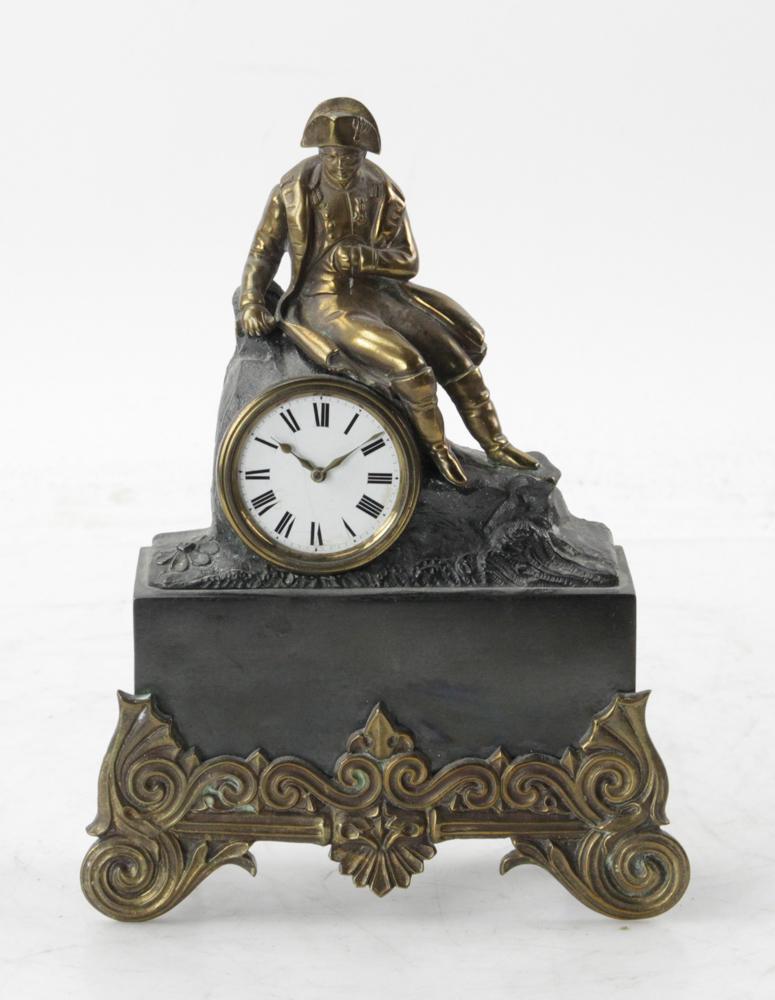 Figural Napoleon Clock: Figural Napoleon clock, 9" H x 7" W x 2" D. Provenance: Estate of August van der Becq, Westport, Connecticut.