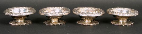 Four (4) George IV Sterling Salt Cellars: Four (4) 1829 George IV sterling salt cellars, Benjamin Preston, hallmarked "BP," maker's mark on bottom, 1 1/2"h x 3 1/2"w, 11.8 troy oz t.w.