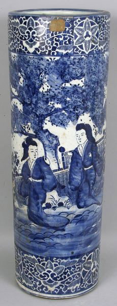 19th C. Japanese Umbrella Stand: 19th Century Japanese blue and white porcelain umbrella stand, 24 ¾"h x 8 ½"dia. Undamaged. Provenance: From the historic Eastern Point, Gloucester, Ma. estate, "Red Roof," built by Congressman Abra