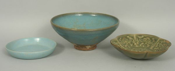 Three (3) Porcelain and Earthenware Open Bowls: Three (3) porcelain and earthenware open bowls, largest is 7 1/2"dia (of top). Good condition.