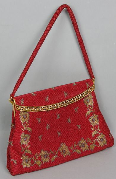 Vintage Langlois & Jargeais Purse: Vintage Langlois & Jargeais French red and gold beaded purse with rhinestones in frame, 9 1/4"w x 6"h. New condition.