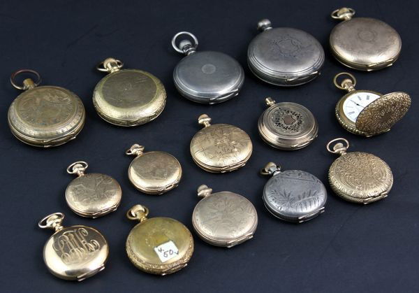 Collection of Fifteen (15) Hunter Case Pocket Wat: Collection of fifteen (15) hunter case pocket watches, one (1) coin silver, one (1) monogrammed, some American Waltham, Seth Thomas, Elgin, New York Standard, etc., largest is 2"dia. Operational condi