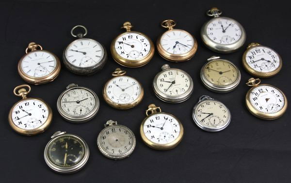 Sixteen (16) Open Face Pocket Watches: Collection of sixteen (16) open face pocket watches including Hamilton, Elgin, Westclox, etc., largest is 2 1/8"dia. Three (3) bezels missing; operational condition unknown.