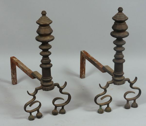 Late 18th C. Chippendale Andirons: Late 18th Century Chippendale brass andirons, 17"h.
