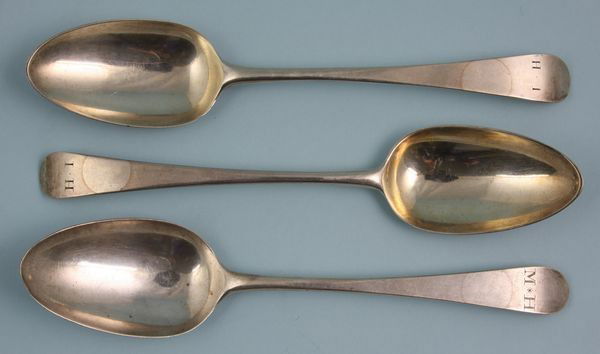 Lot of Three (3) Early English Serving Spoons: Lot of three (3) early English serving spoons, one (1) Peter & Ann Bateman, 1791-1782, one (1) Hester Bateman, 1780-1781, and one (1) Hester Bateman, date letter rubbed, all monogrammed, all 8 1/4"l,