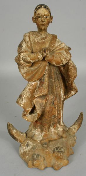 Antique Spanish Carved Wood Santos: Antique Spanish carved, gilt, and polychrome wood Santos, three cherub heads in relief, 15"h x 7 1/2"w x 5"d.