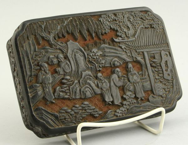 Chinese Black Cinnabar Lid: Chinese black cinnabar lid to box, 7 3/4" x 5 1/4".
