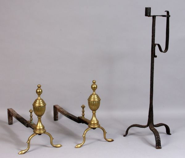 19th C. Pair of Brass Andirons: 19th Century pair of andirons and iron candle stick.