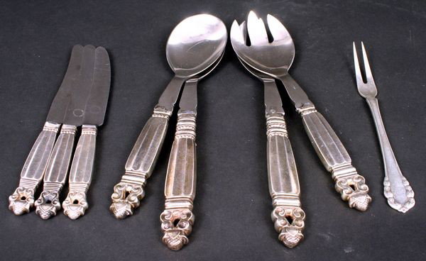 Eight (8) George Jensen Sterling Pieces: Collection of eight (8) George Jensen sterling pieces to include three (3) knives, two (2) serving spoons, two (2) serving forks, and one (1) escargot fork, 3.7 troy oz t.w., allowing 0.5 oz for each 