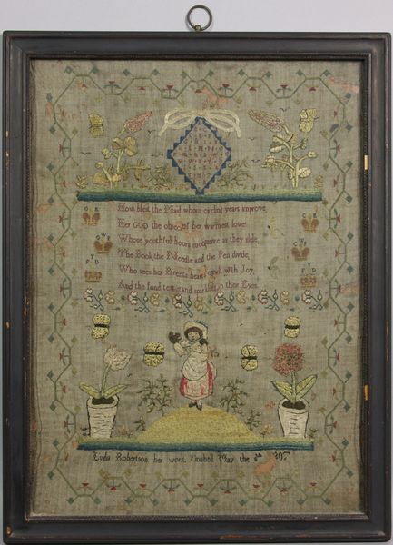 Early 19th C. Sampler: Early 19th Century sampler wrought by Lydia Robertson, May 8th, 1807, info verso "Displayed at Copley Society Exhibition 1911" and label "S.P.N.E.A. H.D. Sleeper" 19 1/4" x 19 1/2". Several areas smal