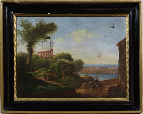 19th C. Continental School, Landscape, O/C: 19th Century Continental School, landscape view by the water, oil on canvas, 18" x 24", 23 1/2" x 29" frame size. Holes, tears, as is.