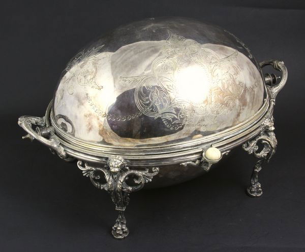 Large Silver Plated Warming Plate: Large Mappin & Webb silver plated covered dome warming plate, marked "Mappin & Webb Sheffield London", 9 1/2"h x 15 1/4"w x 11"d. Some age wear.