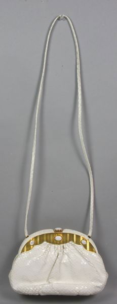 Judith Leiber White Phython Purse: Judith Leiber White Phython purse, comes with a brown pouch and a change purse, signed "Judith Leiber", 6"h. x 9"w. Some age wear and loss and dry spots.