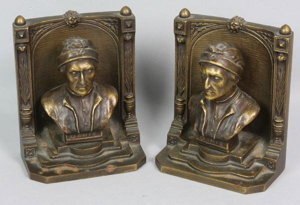 Pr. of Bronze Figural Bookends: Pair of bronze figural bookends depicting "Dante", stamped on back "B & H", 5 1/2"h x 4 3/4"w x 3"d. Good condition.
