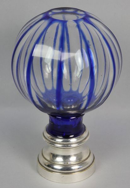 19th C. English Crystal Newel Post Finial: 19th Century English Baccarat style crystal newel post finial, silver on brass base, 8"h x approx. 5"w. Good condition.