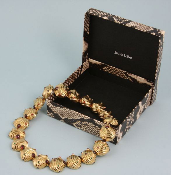 Judith Leiber Shell Necklace: Judith Leiber shell necklace with original box, signed "Judith Leiber", 16 1/4"l x 1"w. Good condition.