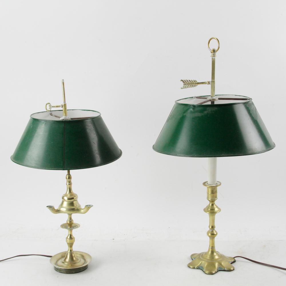 Two Brass Lamps with Green Tole Shades (1 of 7)