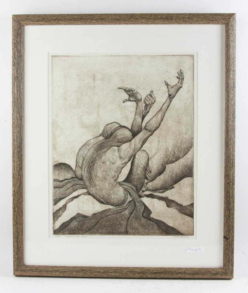 Robert Freeman Etching, Seeking Spirit: Late 20th century American etching on handcrafted paper by Robert Freeman (born 1927). The limited edition etching depicts two seated Native American Indian man with hands outstretched toward the sky.