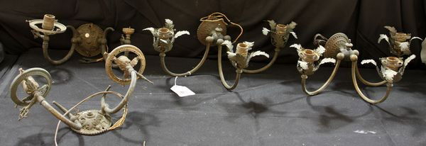 Four (4) Brass Wall Sconces: Set of four (4) brass wall sconces, 18"w. As is; working condition not tested.