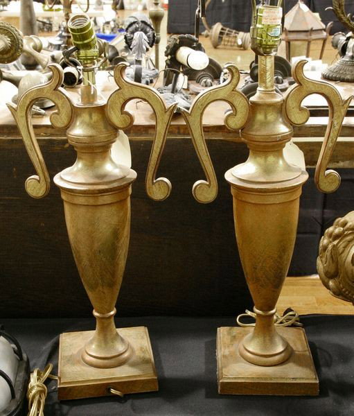 Pair of Metal Table Lamps: Pair of metal table lamps with gold finish, 23"h (not including harp). Undamaged; working condition unknown.
