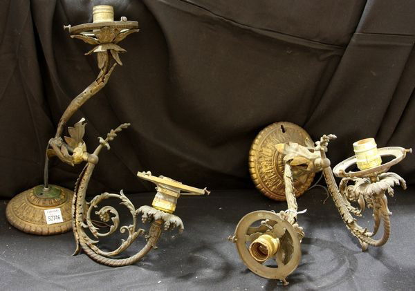 Pair of Brass Wall Sconces: Pair of brass wall sconces, 15"h. As is; working condition not tested.