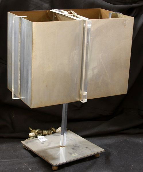 Tin and Lucite Table Lamp: Tin and lucite table lamp, 17"h. Undamaged; working condition not tested.