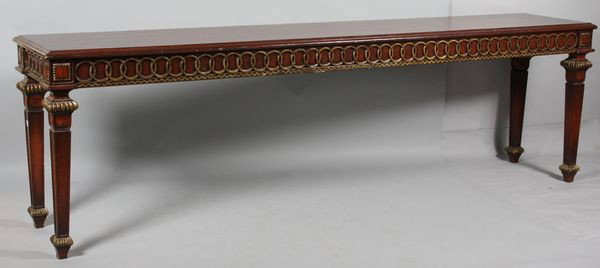 20th C. Sofa or Hall Table: 20th century sofa or hall table, with gilt decoration on legs and edges, 36"h x 10"w x 24"d. Surface wear.