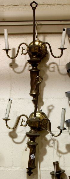 Pair of Brass Wall Sconces: Pair of brass wall sconces, 23"h. As is; working condition unknown.
