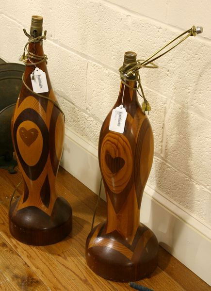 Pair of Inlaid Wood Lamps: Pair of inlaid wood table lamps, 27"h (not including harps). Some finish scrapes.