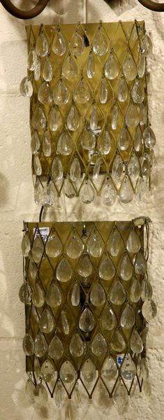 Pair of Brass and Crystal Wall Sconces: Pair of brass and crystal wall sconces, 12"h x 8"w. Few prisms missing.