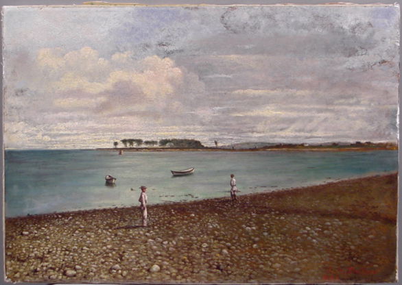 SIGNED ALFRED RUSSELL FULLER OIL ON CANVAS: Alfred Russell Fuller, 1899 - 1980, signed F. A. in lower right. Beach Scene. Oil on canvas. Relined & revarnished. Unframed. Image, 16 3/4" x 23 1/2".