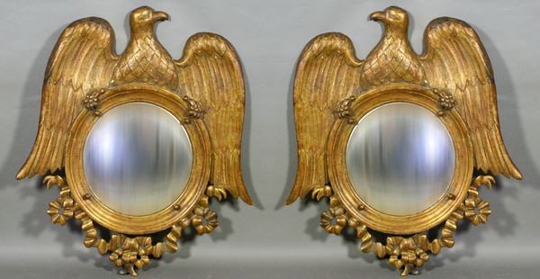 Pr. of 19th C. Swedish, Exceptionally Hand Carved: Pair of 19th Century Swedish, exceptionally hand carved gilt wood eagle mirrors, 35 1/2"h. x 31 1/4"w. Good condition.