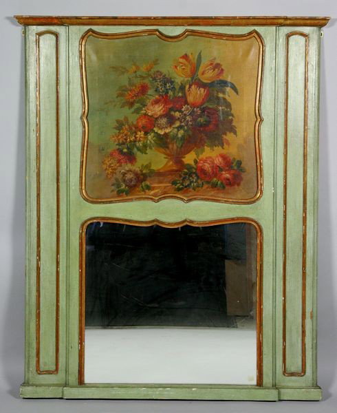19th C. French Trumeau Mirror: 19th Century French painted and gilt wood trumeau mirror with a still life of flowers, oil on canvas, 59" x 48", overall. Gilt loss along top edging, paint chips throughout frame.