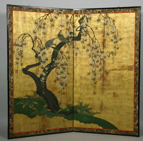 Japanese Painted Screen: Japanese two-panel painted screen featuring flowers, tree, doves and stream, mounted on a tapestry, 67 1/2"h x 70"w. Small area of damage on left, paper backing torn and separating from mount.